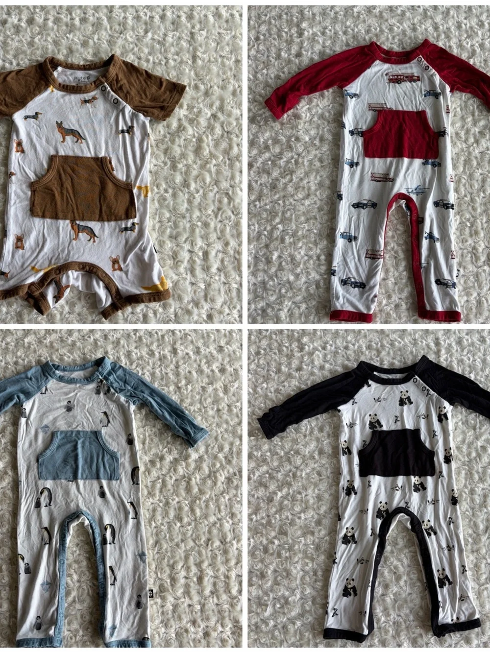 Set of 4 Kyte Baby Rompers Penguins Pandas Dogs EMS Vehicles Ambulance Police